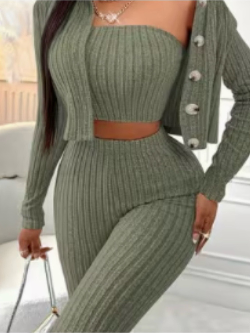 Ribbed Knit High-Waist Set - Olive Green
